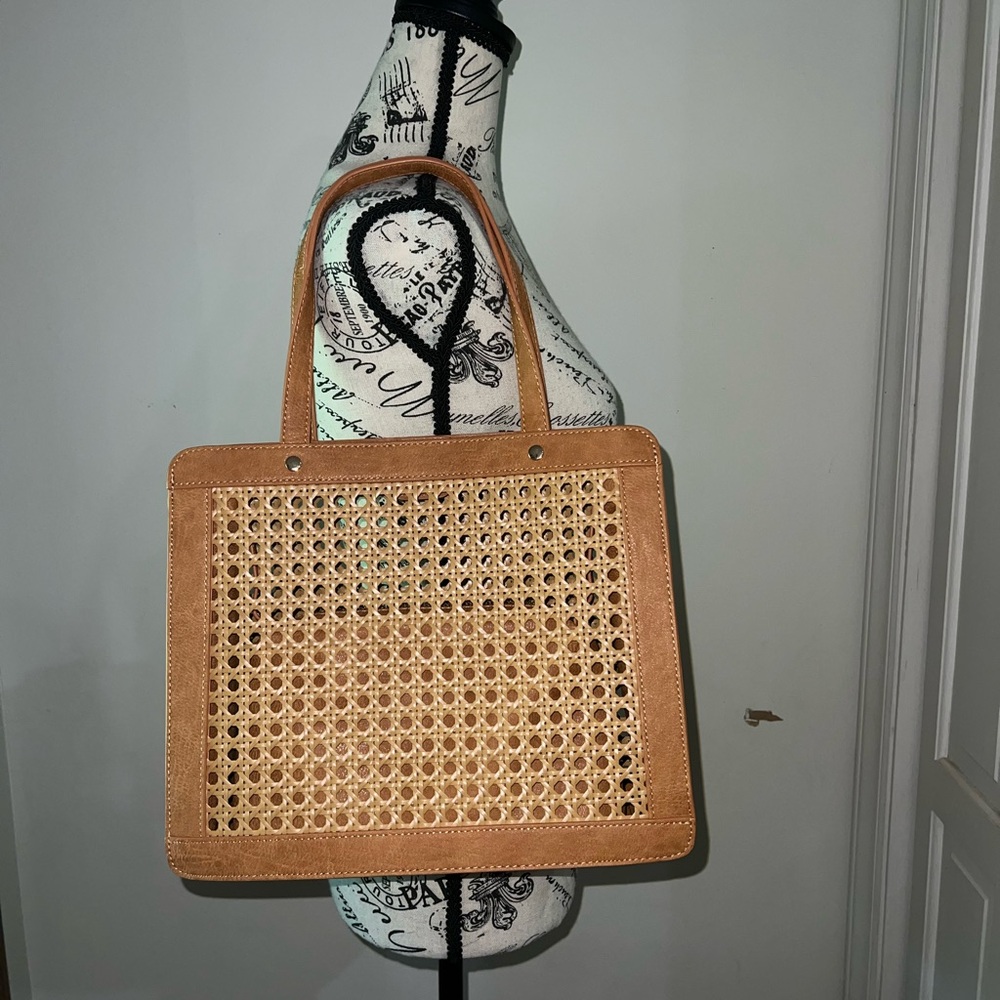 Tan Woven Tote with Structured Design. Genuine Leather!